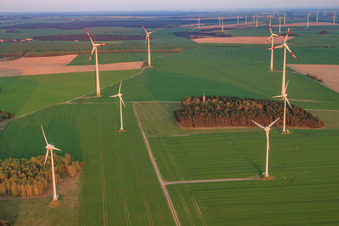 Aerial view of Wind farm in Jüterbog in the state Brandenburg, Germany