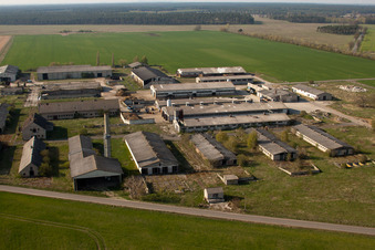 Aerial view of Ruin of abandoned agricultural function building in the district Ahlsdorf in Schoenewalde in the state Brandenburg