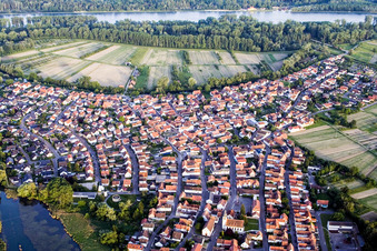 Aerial view of Village on the river bank areas of the Rhine river in Neuburg am Rhein in the state Rhineland-Palatinate, Germany