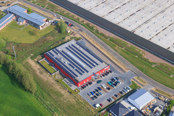 Aerial view of Bienwald-Fitnessworld in the Horst industrial park in the district Minderslachen in Kandel in the state Rhineland-Palatinate, Germany