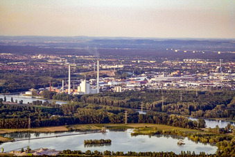 Karlsruhe Rhine harbor from the southwest in the district Daxlanden in Karlsruhe in the state Baden-Wuerttemberg, Germany