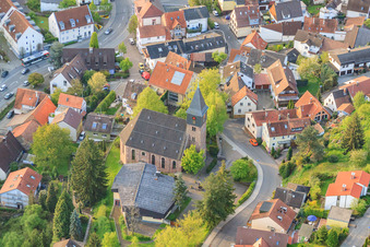 Aerial view of Protestant Community Center in the district Grünwettersbach in Karlsruhe in the state Baden-Wuerttemberg, Germany