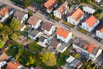 Oblique view of Home gardens in Rosenstr in the district Reichenbach in Waldbronn in the state Baden-Wuerttemberg, Germany