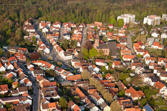 View of the town from the east with St. Wendelin Church in the district Reichenbach in Waldbronn in the state Baden-Wuerttemberg, Germany