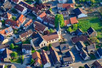 Aerial view of St. Cyriacus in the district Stupferich in Karlsruhe in the state Baden-Wuerttemberg, Germany