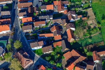 Kleinsteinbacher Straße in the district Stupferich in Karlsruhe in the state Baden-Wuerttemberg, Germany seen from a drone