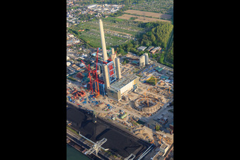 Aerial view of EnBW new coal-fired power plant on the Rhine in the district Daxlanden in Karlsruhe in the state Baden-Wuerttemberg, Germany