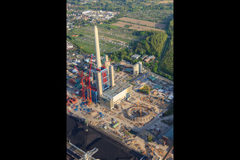 Aerial photograpy of EnBW new coal-fired power plant on the Rhine in the district Daxlanden in Karlsruhe in the state Baden-Wuerttemberg, Germany