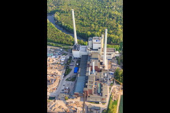Oblique view of EnBW new coal-fired power plant on the Rhine in the district Daxlanden in Karlsruhe in the state Baden-Wuerttemberg, Germany
