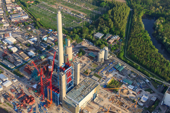 EnBW new coal-fired power plant on the Rhine in the district Daxlanden in Karlsruhe in the state Baden-Wuerttemberg, Germany from above