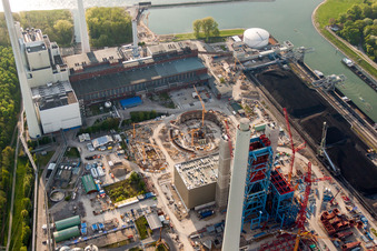 Aerial photograpy of Construction site of power plants and exhaust towers of thermal power station EnBW Energie Baden-Wuerttemberg AG, Rheinhafen-Dampfkraftwerk Karlsruhe in Karlsruhe in the state Baden-Wurttemberg, Germany
