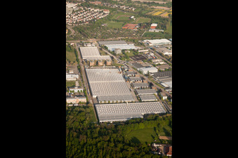 Aerial view of Daimler parts warehouse, Mercedes glass warehouse in Ettlingen in the state Baden-Wuerttemberg, Germany