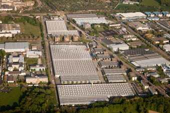 Aerial photograpy of Daimler parts warehouse, Mercedes glass warehouse in Ettlingen in the state Baden-Wuerttemberg, Germany