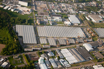 Daimler parts warehouse, Mercedes glass warehouse in Ettlingen in the state Baden-Wuerttemberg, Germany from above