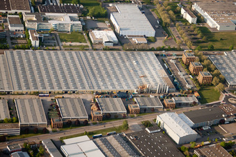 Daimler parts warehouse, Mercedes glass warehouse in Ettlingen in the state Baden-Wuerttemberg, Germany seen from above