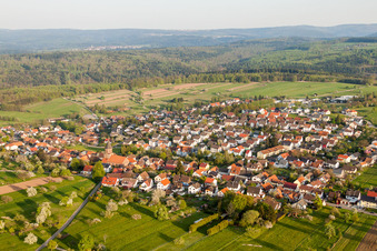 Oblique view of Village - view on the edge of agricultural fields and farmland in Voelkersbach in the state Baden-Wurttemberg, Germany