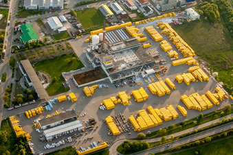 Aerial view of Building Materials and logistics center Bau- and Projektmanagement Sued GmbH - Ytong Bausatzhaus Partner in Malsch in the state Baden-Wurttemberg, Germany