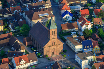 Aerial view of Dionysius Church / Youth Church VIA in Durmersheim in the state Baden-Wuerttemberg, Germany