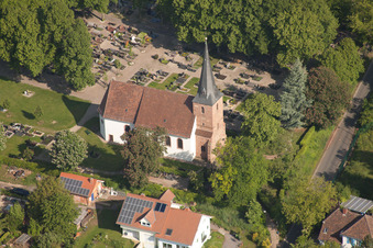 Aerial view of Church building in the village of in Insheim in the state Rhineland-Palatinate, Germany