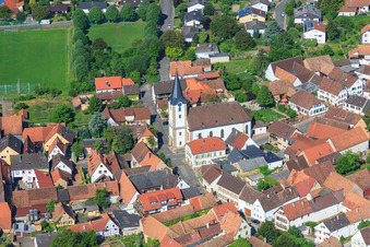 Aerial photograpy of Protestant Church Mörzheim in the district Mörzheim in Landau in der Pfalz in the state Rhineland-Palatinate, Germany