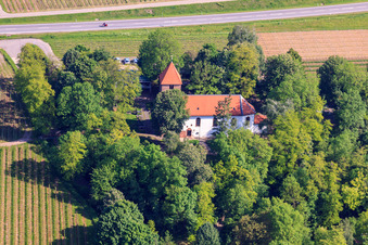 Aerial photograpy of Protestant Church Wollmesheim in the district Wollmesheim in Landau in der Pfalz in the state Rhineland-Palatinate, Germany