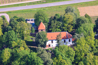Oblique view of Protestant Church Wollmesheim in the district Wollmesheim in Landau in der Pfalz in the state Rhineland-Palatinate, Germany