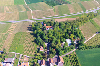 Protestant Church Wollmesheim in the district Wollmesheim in Landau in der Pfalz in the state Rhineland-Palatinate, Germany from above