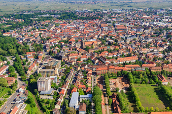 City center with the Catholic Church of the Assumption of Mary (St. Mary's Church), St. Vincent's Hospital and former barracks on Cornichonstrasse in Landau in der Pfalz in the state Rhineland-Palatinate, Germany