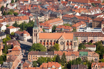 Aerial photograpy of Catholic Church of the Assumption of Mary - St. Mary's Church in Landau in der Pfalz in the state Rhineland-Palatinate, Germany