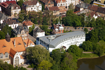 Aerial view of Swan Pond at the Parkhotel Landau and Art Nouveau Festival Hall in Landau in der Pfalz in the state Rhineland-Palatinate, Germany