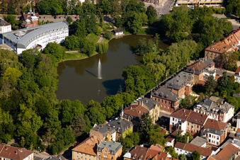 Aerial view of Swan Pond at the Parkhotel Landau in Landau in der Pfalz in the state Rhineland-Palatinate, Germany