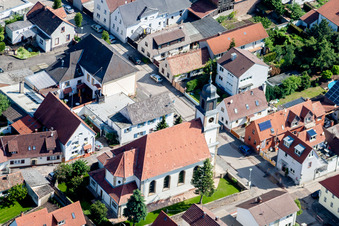 Aerial view of Church building of St. Martin in the village of in the district Moerlheim in Landau in der Pfalz in the state Rhineland-Palatinate, Germany