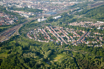Train station and Dammerstock in the district Weiherfeld-Dammerstock in Karlsruhe in the state Baden-Wuerttemberg, Germany