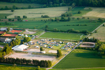 Aerial view of Handball Pentecost Tournament in the district Langensteinbach in Karlsbad in the state Baden-Wuerttemberg, Germany