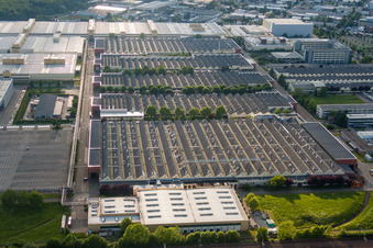 Aerial view of Building and production halls on the premises of Heidelberger Druckmaschinen AG in Wiesloch in the state Baden-Wurttemberg, Germany