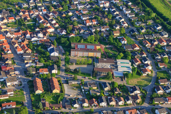 Aerial view of Mannaberg School and Cultural Hall in Rauenberg in the state Baden-Wuerttemberg, Germany