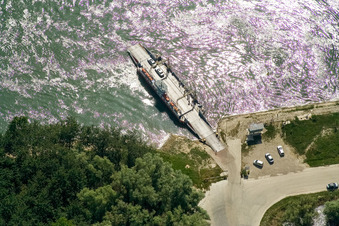 Oblique view of Rhine ferry to Leopoldshafen in Leimersheim in the state Rhineland-Palatinate, Germany