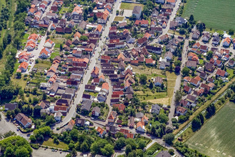 Aerial view of Leopoldstraße from the northwest in the district Leopoldshafen in Eggenstein-Leopoldshafen in the state Baden-Wuerttemberg, Germany