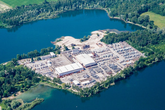 Building and production halls on the premises of the concrete stone manufacturer Lithon Plus GmbH & Co. KG. in the district Eggenstein in Eggenstein-Leopoldshafen in the state Baden-Wurttemberg