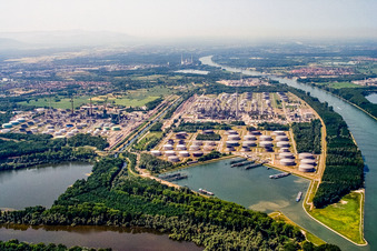 Oil port and MIRO refinery on the Rhine from the north in the district Knielingen in Karlsruhe in the state Baden-Wuerttemberg, Germany