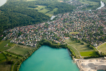 Aerial photograpy of Terrain and overburden areas of the Gravière open-cast gravel mine at the quarry lake in La Wantzenau in the state Bas-Rhin, France