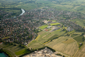 Oblique view of Terrain and overburden areas of the Gravière open-cast gravel mine at the quarry lake in La Wantzenau in the state Bas-Rhin, France