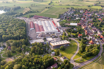 Building and production halls on the premises of WeberHaus GmbH & Co. KG in the district Linx in Rheinau in the state Baden-Wurttemberg, Germany from above