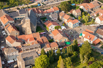 Aerial view of Medieval market at Rodemack in Grand Est, France