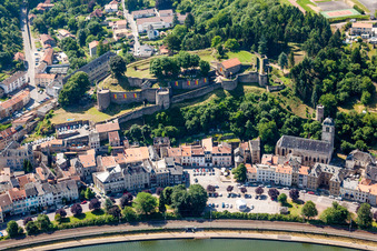 Aerial view of Village on the river bank areas of the river Mosel in Sierck-les-Bains in Grand Est, France