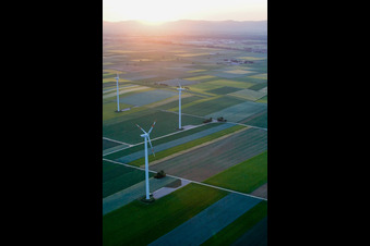 Aerial view of Wind turbines towards Bellheim in Rülzheim in the state Rhineland-Palatinate, Germany
