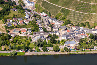 Town with the European Museum Schengen between the banks of the river of the river Mosel and steep Wineyards in Schengen in Grevenmacher, Luxembourg