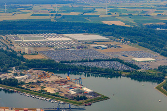 Aerial view of Mercedes-Benz Global Logistics Center GLC on the island of Grün in Germersheim in the state Rhineland-Palatinate, Germany