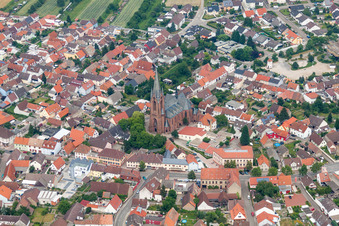 Aerial view of Town View of the streets and houses of the residential areas in the district Rheinsheim in Philippsburg in the state Baden-Wurttemberg, Germany
