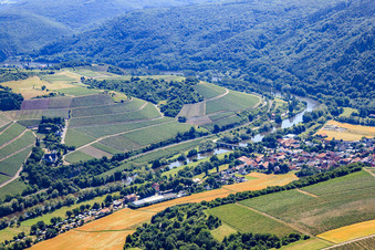Aerial view of Wine village on the Nahe below the Hermannsberg vineyard in Oberhausen an der Nahe in the state Rhineland-Palatinate, Germany